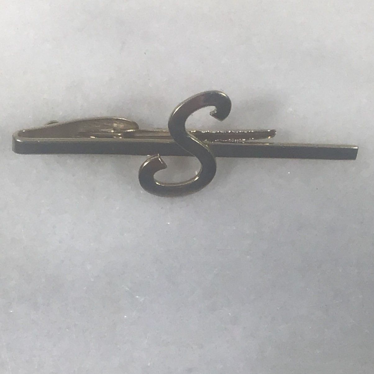 Vintage Silver Tone Monogram Letter S Arrow Tie Bar -Retro Pierced Look Tie Clip